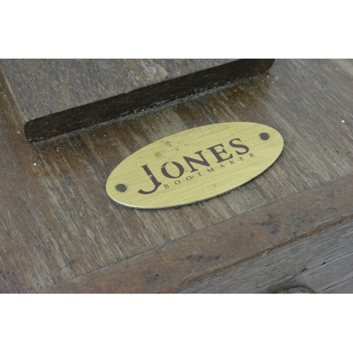 121 - Vintage wooden shoe shine box with footrest attachment and contents 'Jones The Bootmaker'