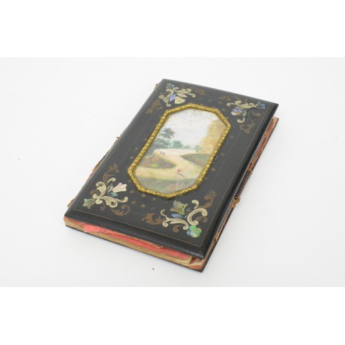 122 - Victorian French grand tour aid, memoire book with miniature hand coloured walking in landscape pane... 