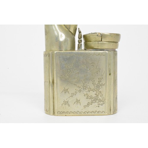 125 - Oriental white metal smoking/opium pipe, engraved bird/fauna scenes, stamp to base.