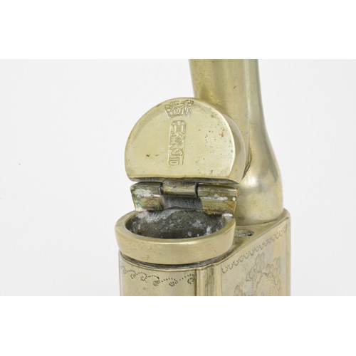 125 - Oriental white metal smoking/opium pipe, engraved bird/fauna scenes, stamp to base.