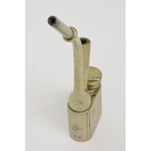 125 - Oriental white metal smoking/opium pipe, engraved bird/fauna scenes, stamp to base.