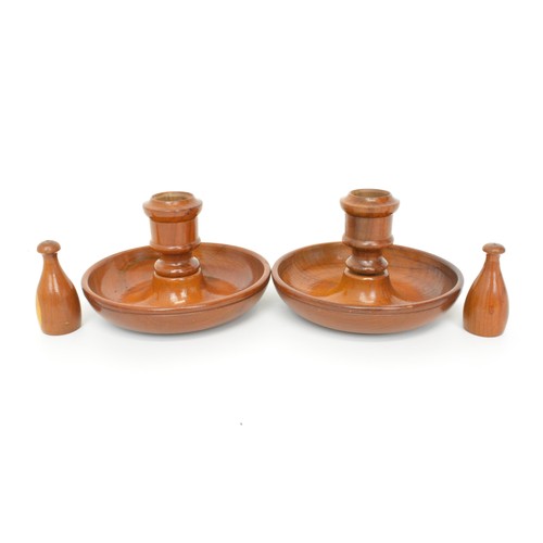 130 - Pair of olive wood vintage Brighton bun travelling candlesticks