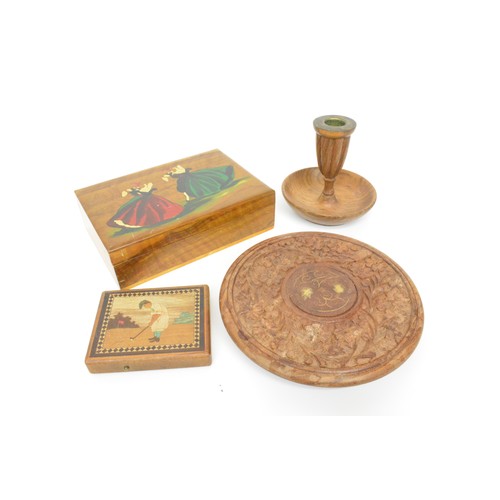132 - Selection of souvenir treen items to include clogs, candlesticks, boxes, string box, metronome etc.