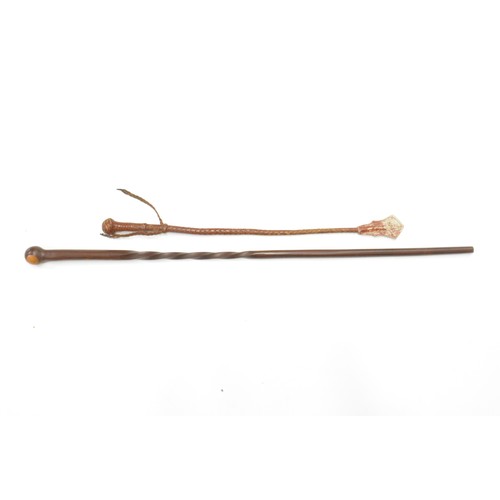 135 - Vintage hardwood walking cane with twisted shaft together with braided leather riding crop