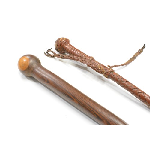 135 - Vintage hardwood walking cane with twisted shaft together with braided leather riding crop