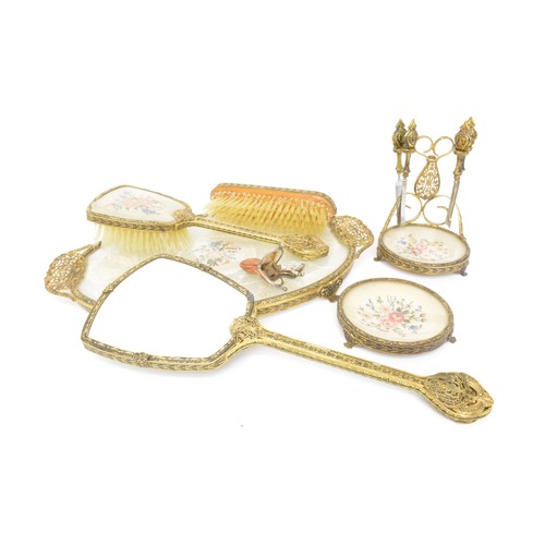 143 - Vintage petit point needlework dressing table tray, brush set and dishes