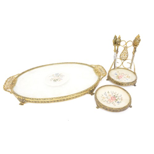 143 - Vintage petit point needlework dressing table tray, brush set and dishes