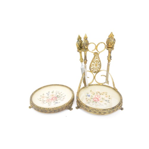 143 - Vintage petit point needlework dressing table tray, brush set and dishes