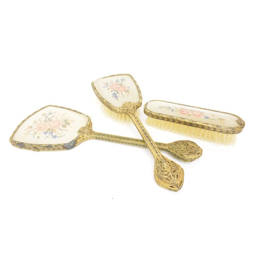 143 - Vintage petit point needlework dressing table tray, brush set and dishes