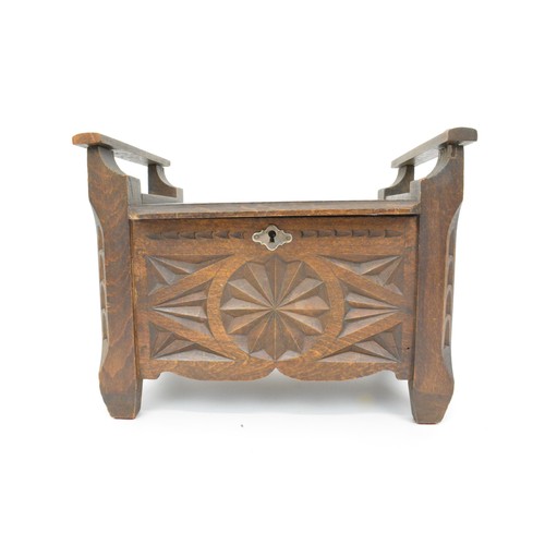 144 - Arts and Crafts carved box (with key) together with small carved box and small circular French barom... 