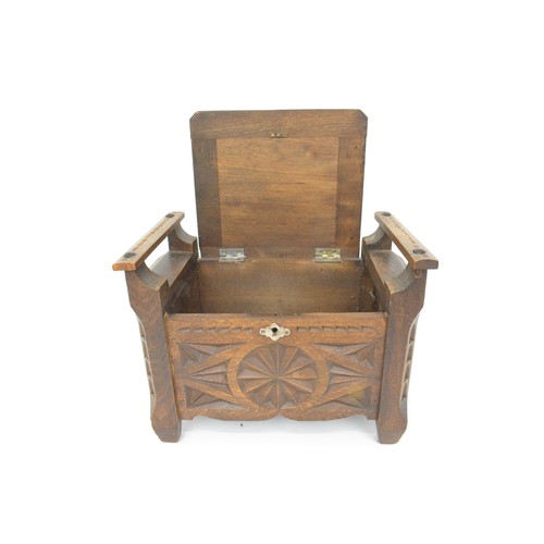 144 - Arts and Crafts carved box (with key) together with small carved box and small circular French barom... 