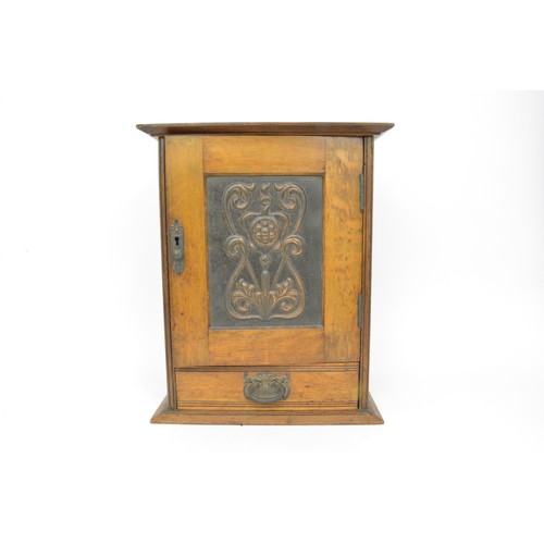 146 - Smoker's cabinet, front door panel with art nouveau decoration, top hinged lid and bottom drawer