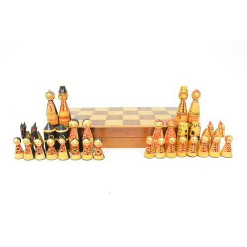 147 - Vintage wooden chess set - with hand painted pieces