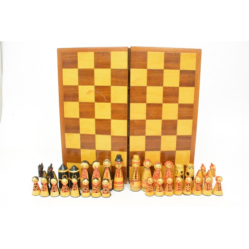 147 - Vintage wooden chess set - with hand painted pieces