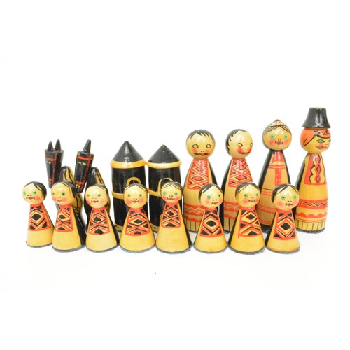 147 - Vintage wooden chess set - with hand painted pieces