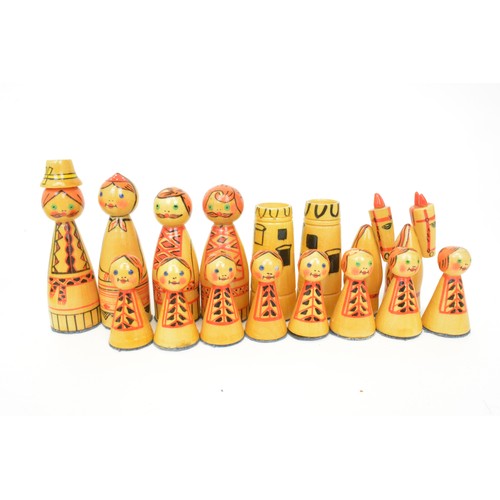 147 - Vintage wooden chess set - with hand painted pieces