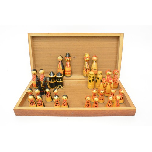 147 - Vintage wooden chess set - with hand painted pieces