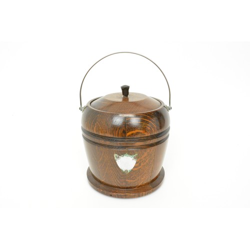 148 - Vintage oak barrel/ice bucket with removable ceramic insert - height approx 17 cms not including han... 