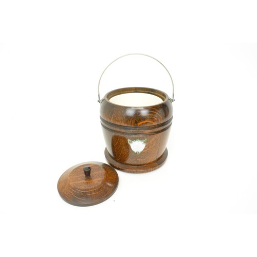 148 - Vintage oak barrel/ice bucket with removable ceramic insert - height approx 17 cms not including han... 