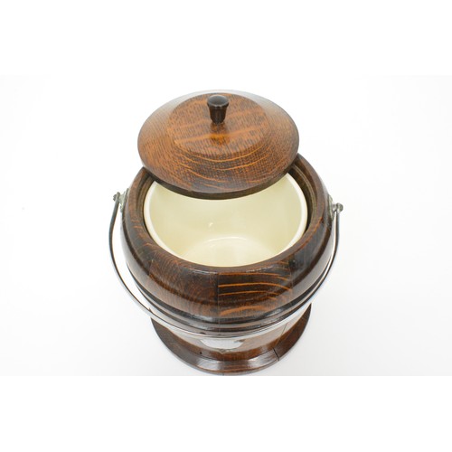 148 - Vintage oak barrel/ice bucket with removable ceramic insert - height approx 17 cms not including han... 