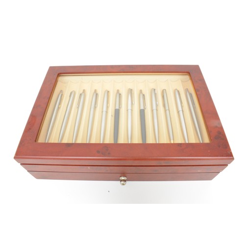 157 - Pen display box with pull out drawer containing a selection of predominately Parker pens/pencils