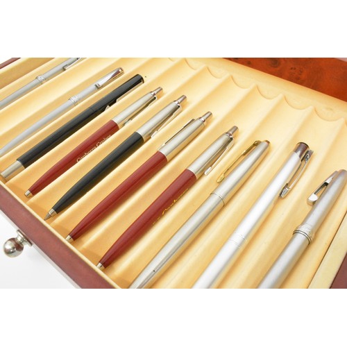 157 - Pen display box with pull out drawer containing a selection of predominately Parker pens/pencils