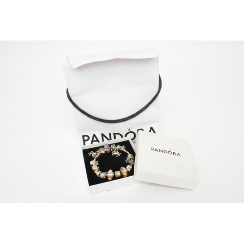325 - Pandora charm bracelet, x16 charms, most are stamped S925 ALE, with box and bag.