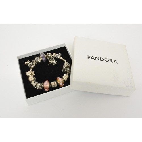325 - Pandora charm bracelet, x16 charms, most are stamped S925 ALE, with box and bag.