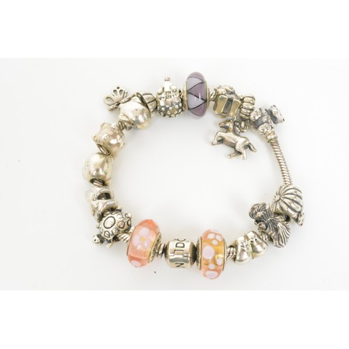 325 - Pandora charm bracelet, x16 charms, most are stamped S925 ALE, with box and bag.