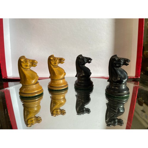 127 - Antique Staunton Chess Men Set presented in a boxwood and ebony decorative box, signed H.Staunton on... 