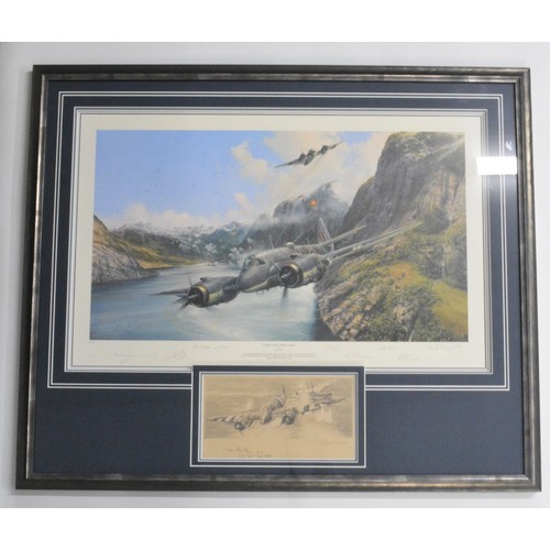 Large framed limited edition print from The Military Gallery, RAF Victory in Europe Edition entitled 'Strike and Strike Again' by renowned artist Robert Taylor, with certificate. pencil signature by the artist along with Beaufighter pilots who flew in combat in the Strike Wings.  Also within the frame contains original pencil sketch signed by Richard Taylor (son of Robert Taylor), counter signed by Des Curtis DFC 235,618,248 Squadron.