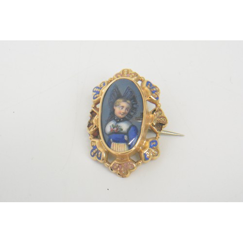 Early 19th Century gold pin brooch with central oval enamel hand painted portraiture, possibly French. AF