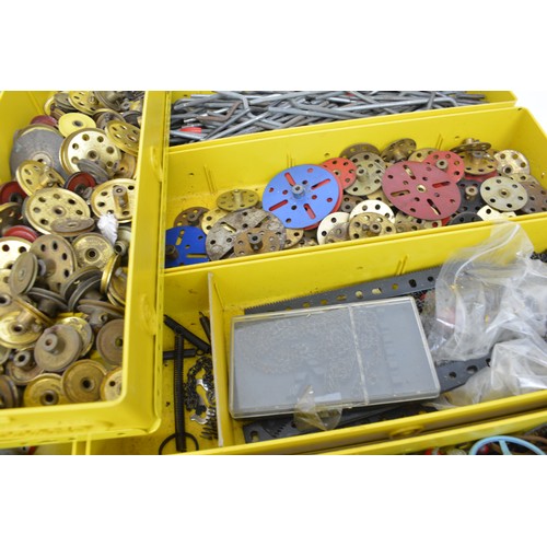 Wooden box containing x11 Meccano yellow storage tins