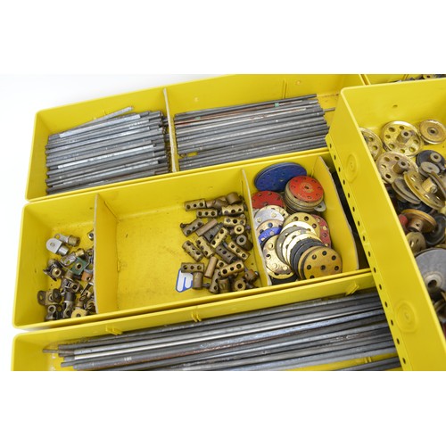 Wooden box containing x11 Meccano yellow storage tins