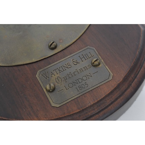15 - Desktop magnifying glass with adjustable metal mount, bears label 'Watkins & Hill Opticians, London ... 