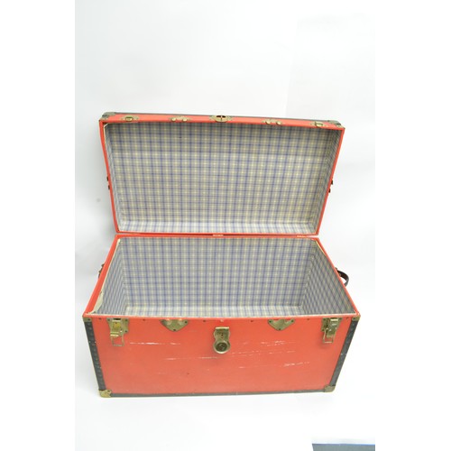 16 - Red and black banded steamer trunk with brass fitments by Overpond.
