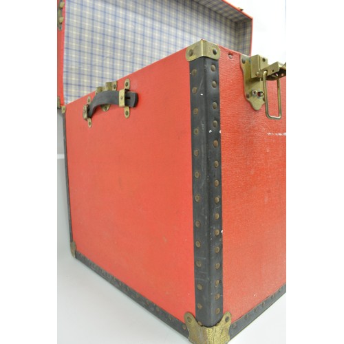 16 - Red and black banded steamer trunk with brass fitments by Overpond.