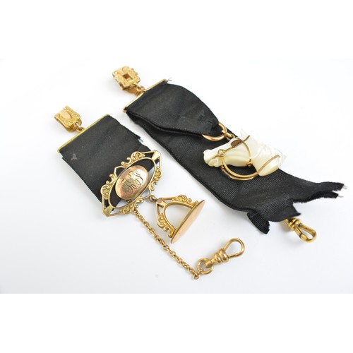 1 - Antique mourning pocket watch fobs (x2) one carved mother of pearl horse head