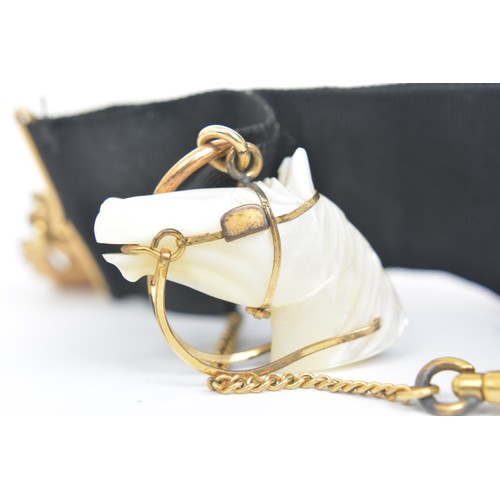 1 - Antique mourning pocket watch fobs (x2) one carved mother of pearl horse head