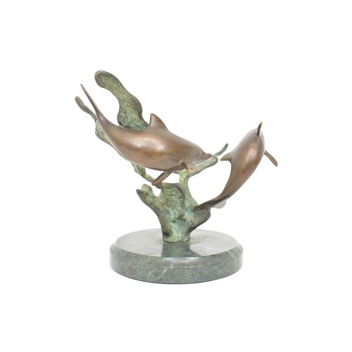 23 - Sculpture of three bronze dolphins on marble base made by SPI Sand Pacific International