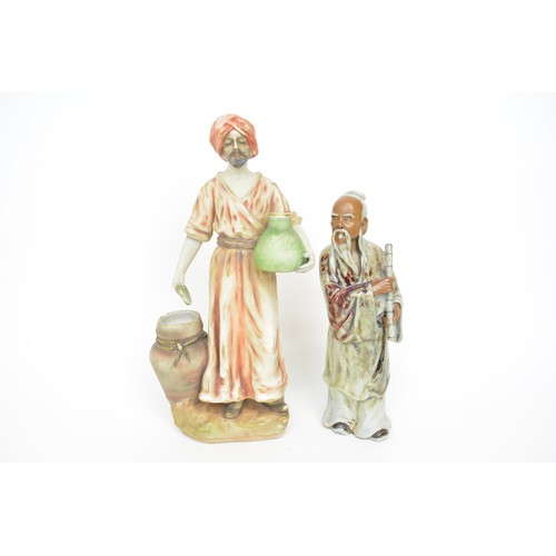 30 - Vintage art nouveau figurine of man carrying a jug next to Amphora together with Chinese Mud Man Sch... 