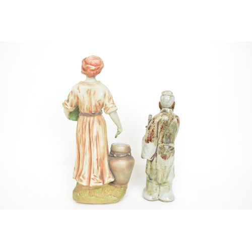 30 - Vintage art nouveau figurine of man carrying a jug next to Amphora together with Chinese Mud Man Sch... 