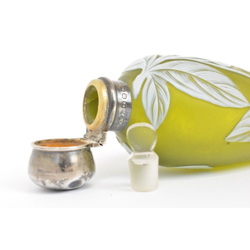 54 - Thomas Webb Cameo 19th century conical form perfume bottle / flask, frosted olive green glass with r... 