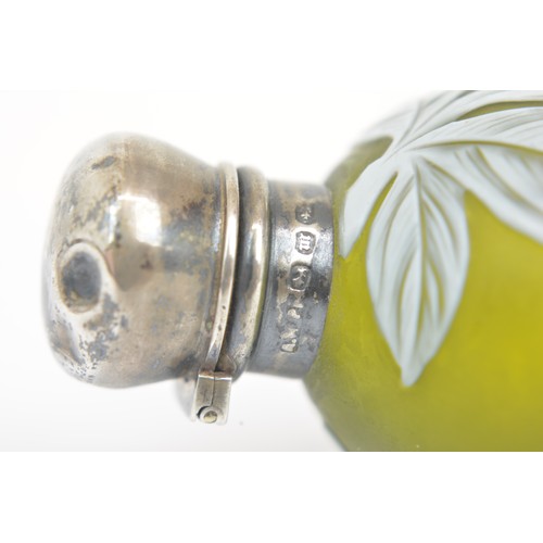 54 - Thomas Webb Cameo 19th century conical form perfume bottle / flask, frosted olive green glass with r... 