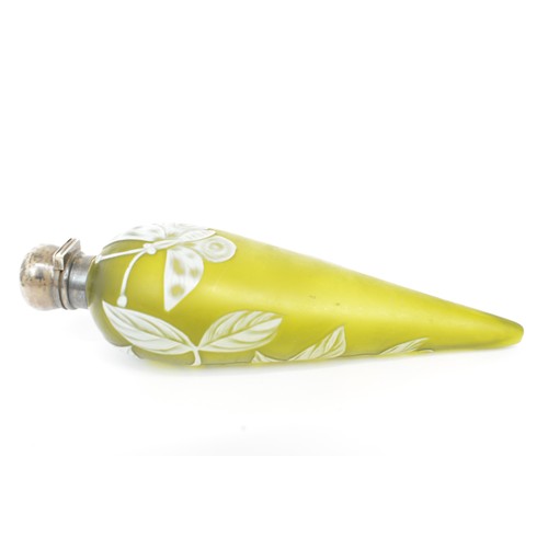 54 - Thomas Webb Cameo 19th century conical form perfume bottle / flask, frosted olive green glass with r... 