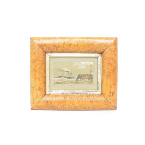 70 - Vintage watercolour, depicting steamer ship inbound for shore in burr walnut frame, frame size appro... 