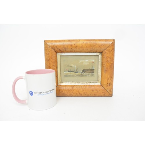 70 - Vintage watercolour, depicting steamer ship inbound for shore in burr walnut frame, frame size appro... 