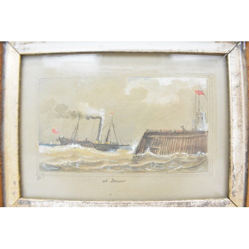 70 - Vintage watercolour, depicting steamer ship inbound for shore in burr walnut frame, frame size appro... 