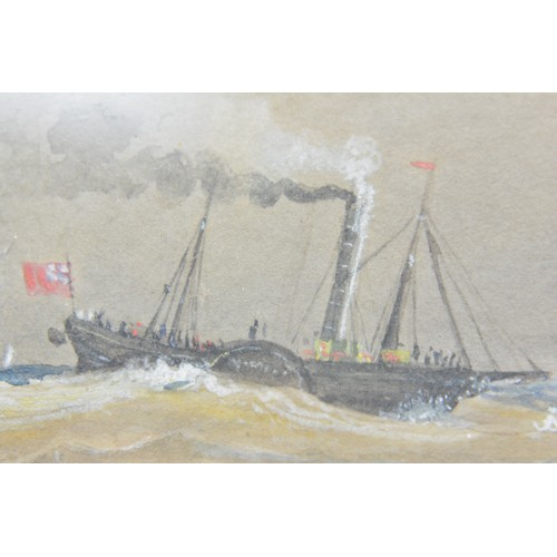 70 - Vintage watercolour, depicting steamer ship inbound for shore in burr walnut frame, frame size appro... 