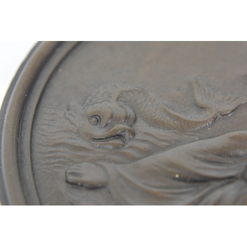 37 - Bronze oval medallion, depicting maiden along waters edge with fish